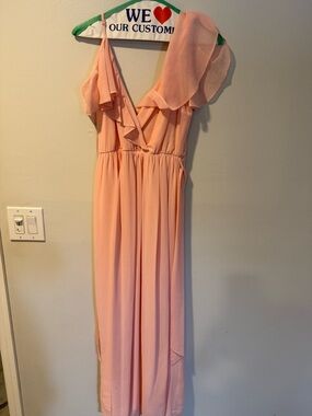 Elegant Peach Chiffon Ruffle V-Neck Wedding Dress